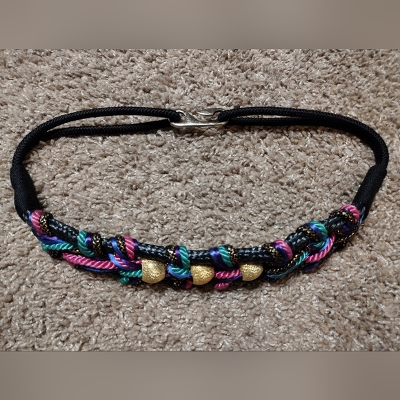 Vintage Bungee Belt With Braided Multicolor Woven Cords And Golden Beads - Picture 2 of 8